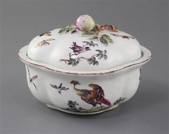 A Derby quatre-lobed sauce tureen and cover, c.1760-5, w. 17cm, minor faults
